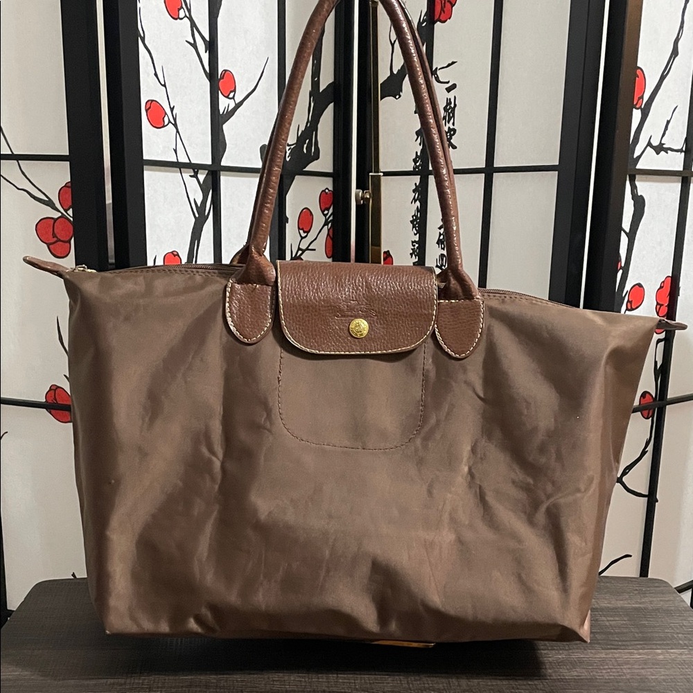 Longchamp Brown Nylon Le Pliage Tote with Leather Trim